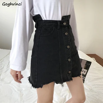 

Skirts Women Black Solid All Match Simple Casual Slim Womens Single Breasted High Waist Denim Skirt Korean Style Retro Elegant