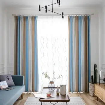 

Blackout Drapes Blue Sheer Voile for Window Bedroom Panel Blinds Nordic Style Yellow Stripe Grey Curtain for Living Room
