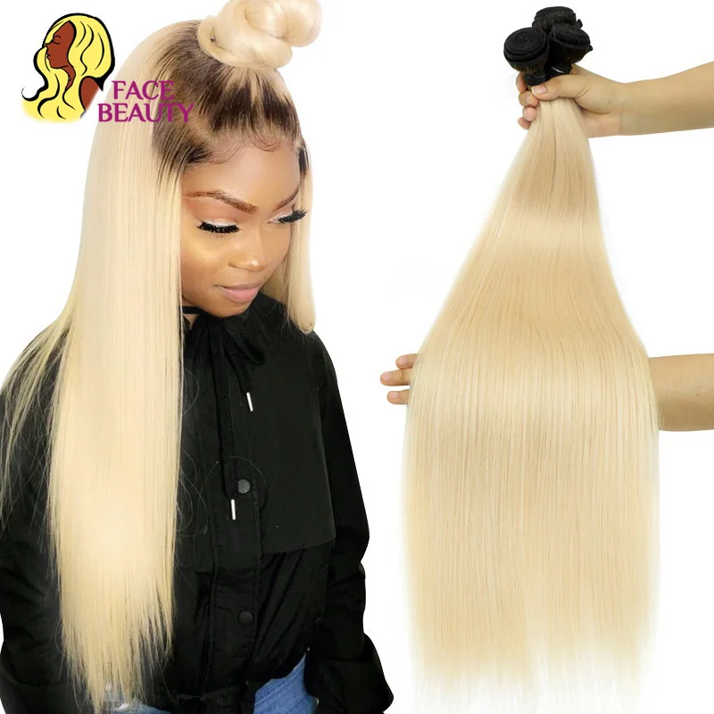 Facebeauty 1B 613 Ombre Blonde Brazilian Straight Hair Bundles 2 Tone Dark Roots Platinum Remy Human Hair Weave 1/3/4 Bundles