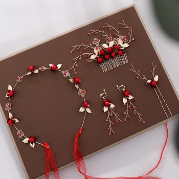 

FORSEVEN Delicate 1 Set Red Flower Tiaras Headband Hair Combs Hairpins Earrings Bride Noiva Wedding Party Hair Ornaments