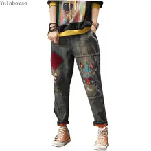 Винтажные женские джинсы с вышивкой, свободные джинсы с талией, повседневные женские длинные джинсы с бархатом и карманами, эластичные женские Z4