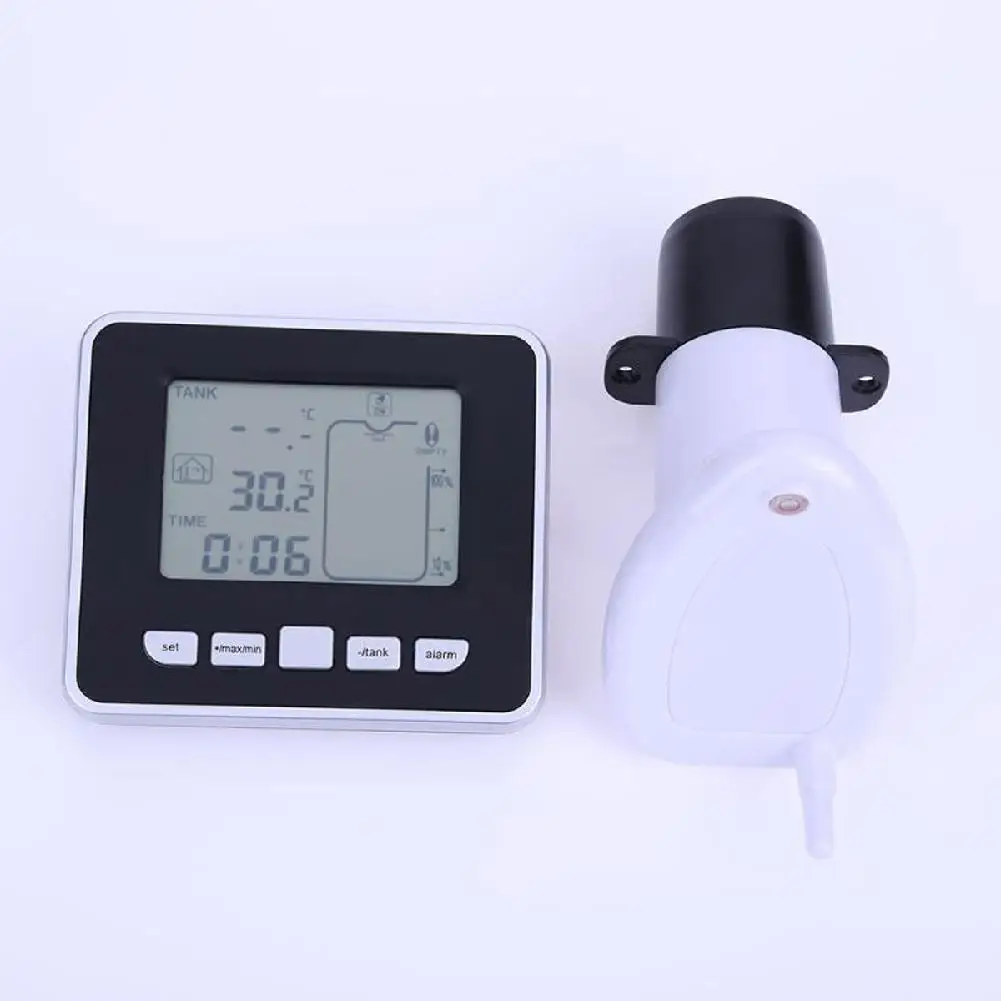 

Ultrasonic Water Tank Level Meter Temperature Sensor Low battery Liquid Depth Indicator Time Alarm Transmitter Measuring Tools