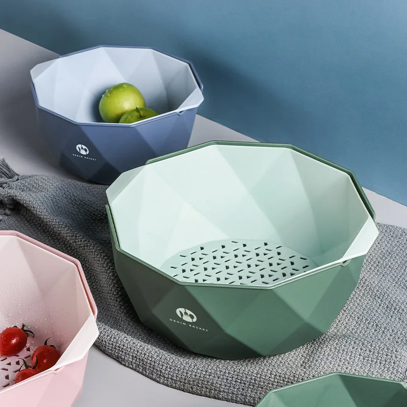 

Double-layer geometric hollow-out draining basket vegetable washing basin household plastic multi-functional kitchen New Fashion
