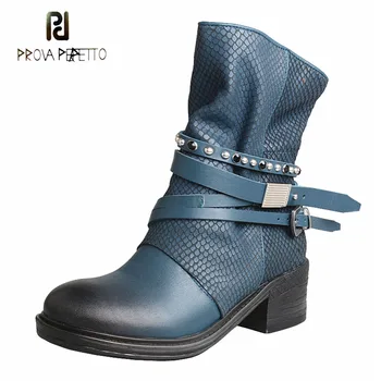 

Prova Perfetto handmade women genuine leather short boots rivet stud belt buckle punk style boot side zipper female riding boots