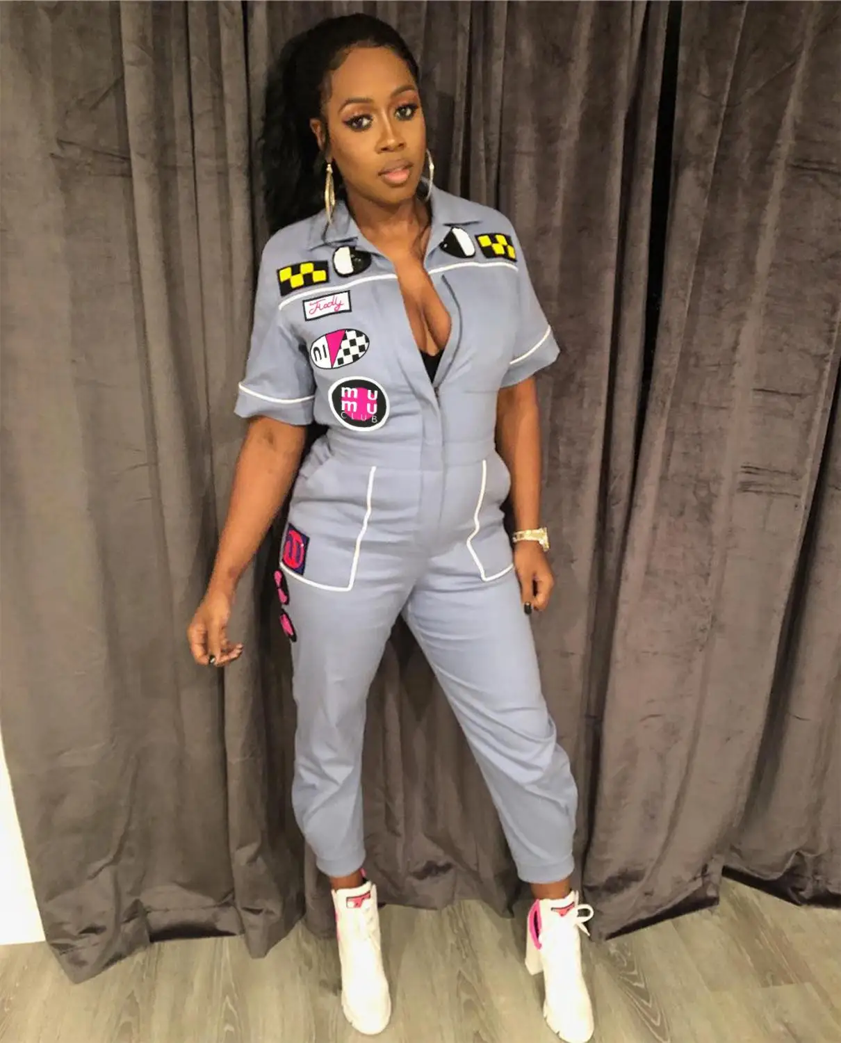 

Summer Sport Style Punk Style Women Pattern Patchwork Half Sleeve Turn-Down Collar Straight Ankle-Length Jumpsuits NSMD145