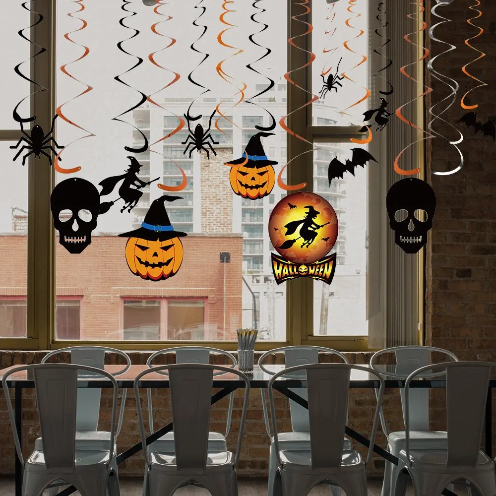 34 Pieces Halloween Party Hanging Swirl Decoration Scary Theme Ceiling Decorations Witches Bats Spider  Swirl Hanging Cards