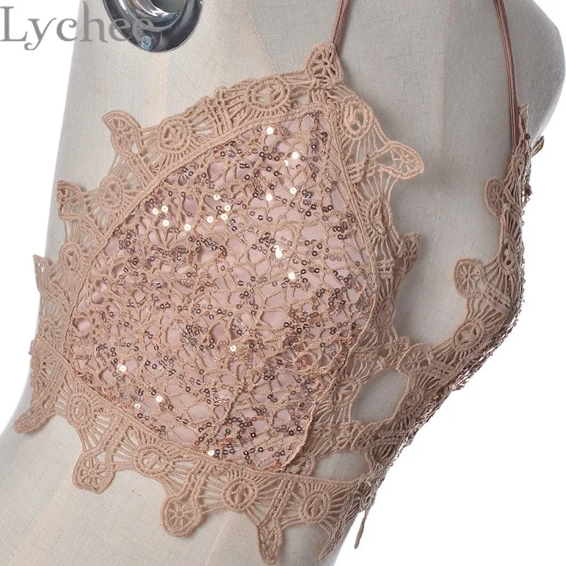 Lychee, сексуальный вырез Для женщин с лямкой на шее платье на бретельках с блестками и Bralet крючком укороченный кроп-топ с открытой спиной Короткие пляжные Party Bralette топ на бретелях