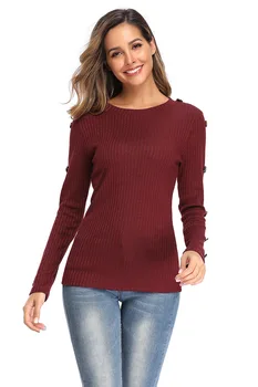 

Autumn and winter 2019 new round neck button sweater long sleeve solid color Pullover