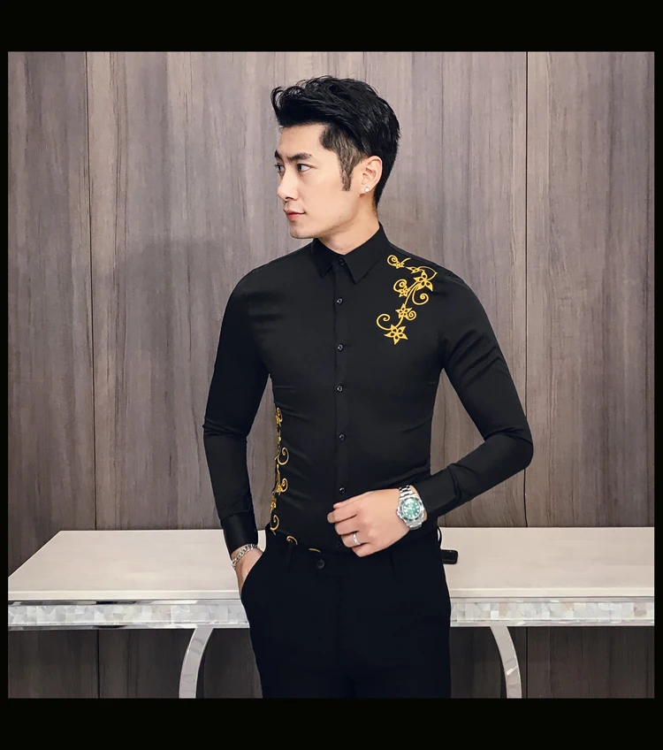 Новая Корейская вышитая рубашка мужская Kemeja Pria Slim Fit рубашка с длинными рукавами Мужская рубашка для выпускного вечера для клуба Camisa Masculina Весна