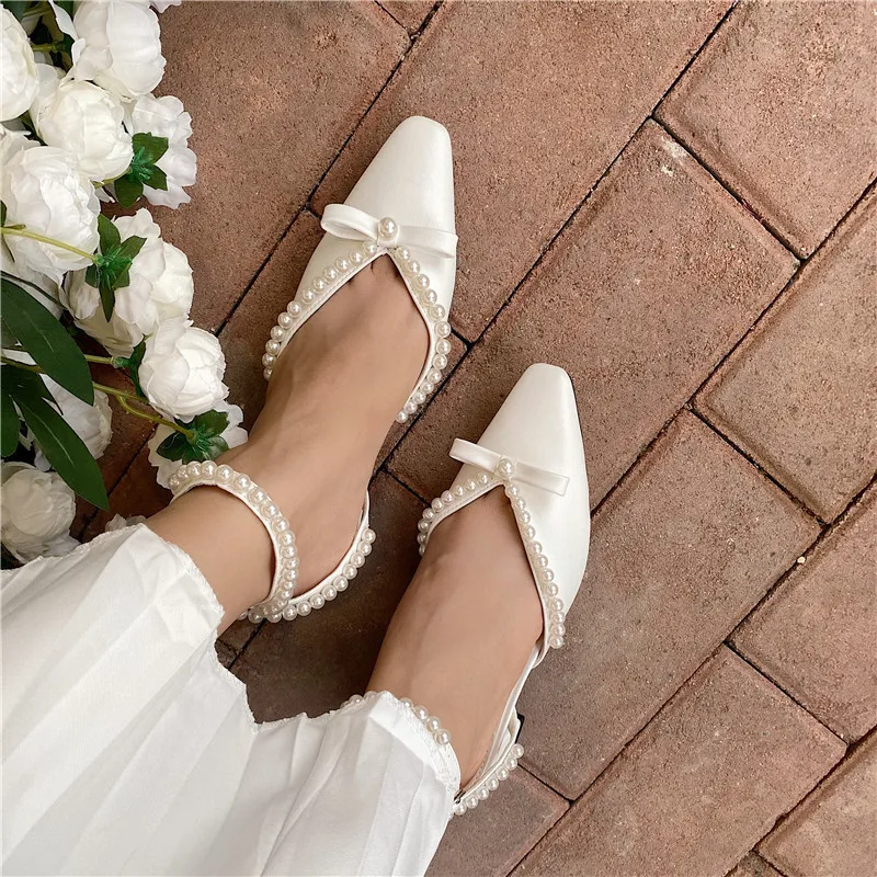 

Pearl Crystal Mid Heels Slingbacks Pumps For Women Girls Elegant Bowties Sandals Butterfly Knot Party Dress Wedding Shoes
