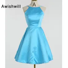 Новое поступление голубое платье для выпускного вечера с открытой спиной ТРАПЕЦИЕВИДНОЕ атласное простое выпускное бальное платье Короткое без рукавов Шикарные Вечерние платья