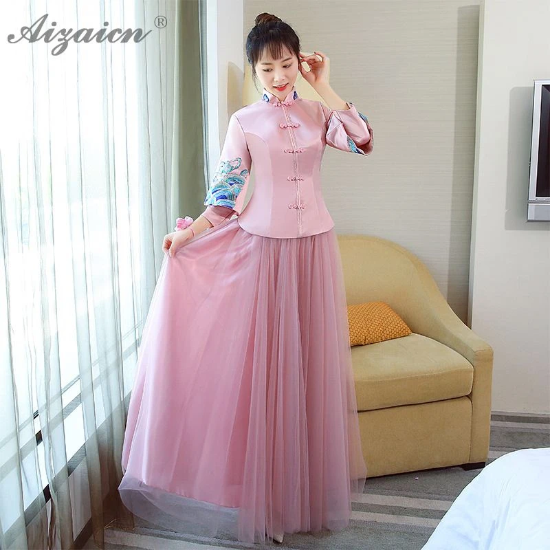 Оригинальный ретро длинный Cheongsam Современные платья для сестер Qi Pao Женская традиционная китайская одежда платье Qipao розовое платье