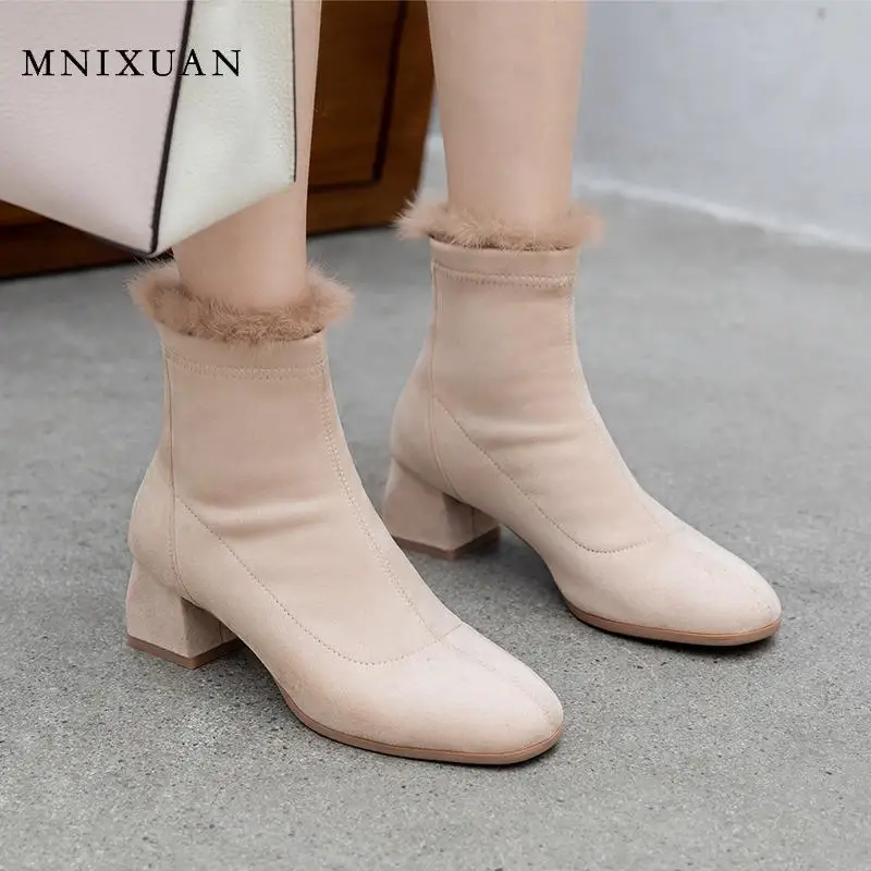 

MNIXUAN Fashion winter women shoes with rabbit fur ankle boots 2019 new square toe suede thick high heels ladies black booties