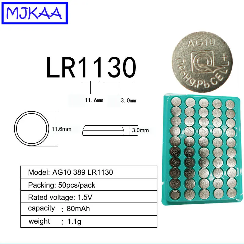 MJKAA 100 X AG10 1,5 v-образная Кнопка Батарея LR1130 1130 SR1130 389A LR54 L1131 189 80 мА/ч, Ёмкость монета батарейки-таблетки