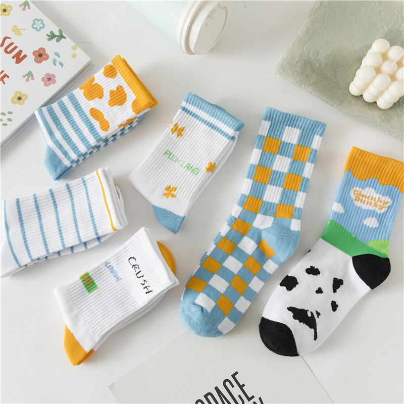 2021 Spring And Summer Funny Cute Cartoon Ice Cream Color In Tube Socks Blue Square Milk Stripe Japan Harajuku Skateboard Sock
