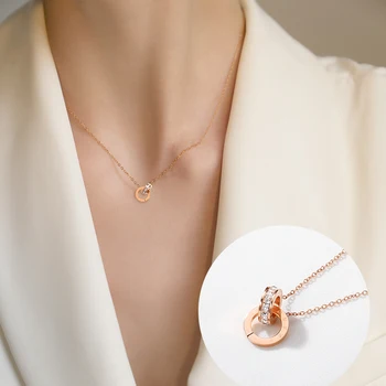 

JIAN Round Double Circle Pendant Necklace Rose Gold Crystal Chain Chokers for Women Fashion Jewelry Birthday Gift for Girlfriend