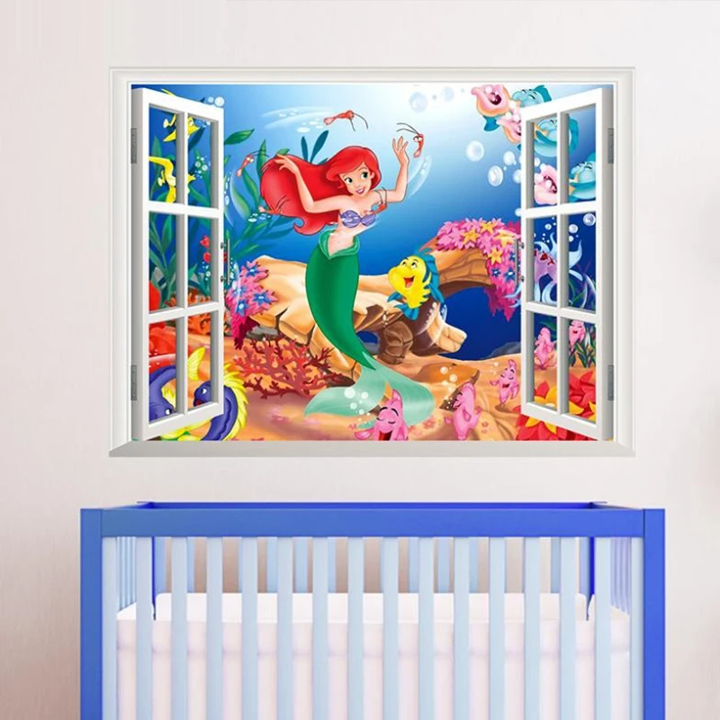 

Disney Cartoon 3D Underwater Mermaid Princess Fish Bubble Wall Stickers Mural Art Poster Wall Decals Nursery Pattern Decoration