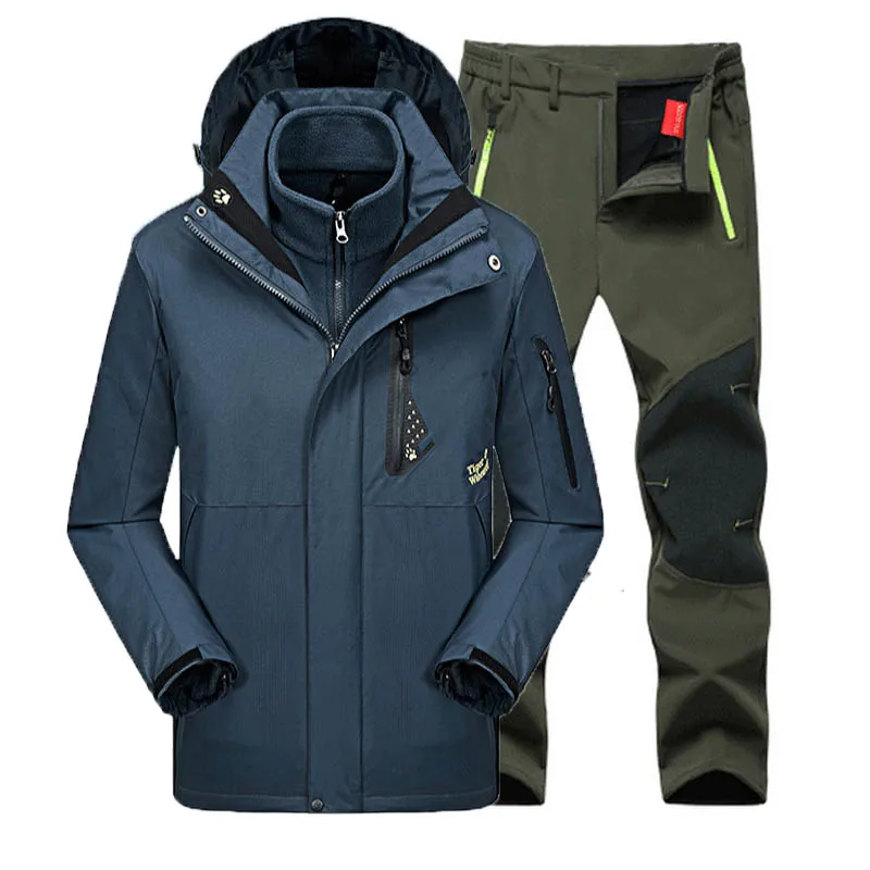 Navy Army Green Men Мужские и женские зимние осенние новые куртки 3 в 1, Лыжный лагерь, скалолазание, треккинг, рыбий поход, цикл, водонепроницаемое пальто, большие размеры, для мужчин и женщин - Цвет: Navy Army Green Men