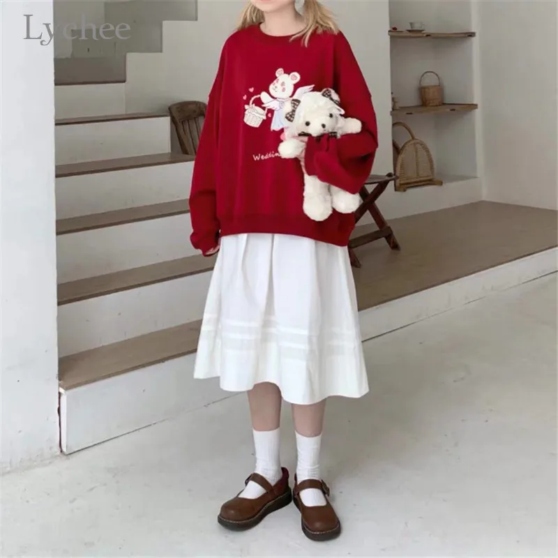 Lychee Harajuku/Женская толстовка с рисунком медведя из мультфильма и надписью, повседневные свободные женские пуловеры с круглым вырезом, весенне-осенние дамские свитшоты, топы