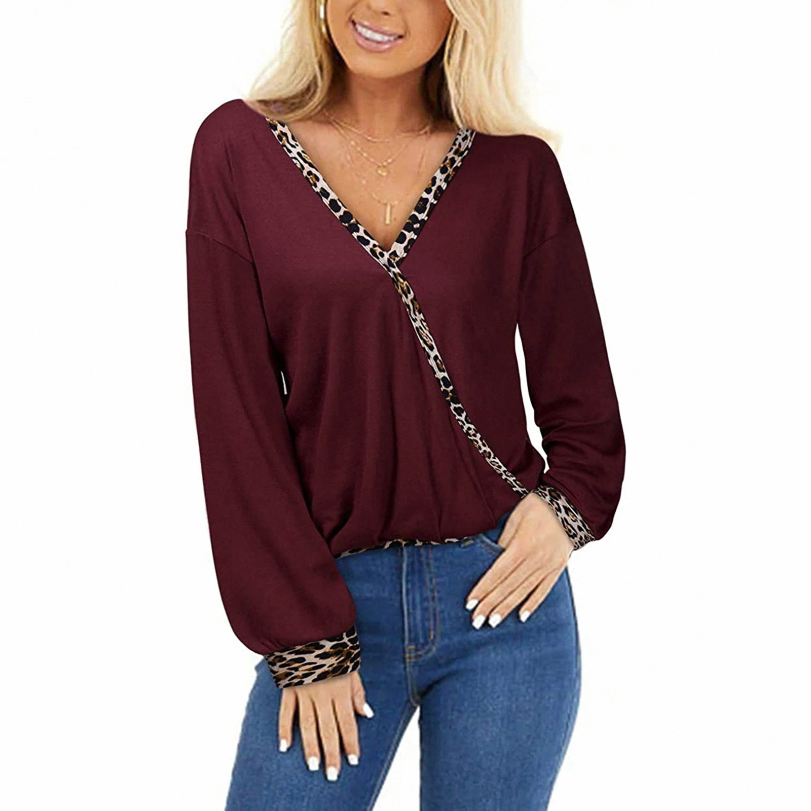 

Women's Fall Shirt, Leopard Top, Patchwork Elastic Party Clothes V-Neck Long Sleeve Loose Warm Pleated Pullover