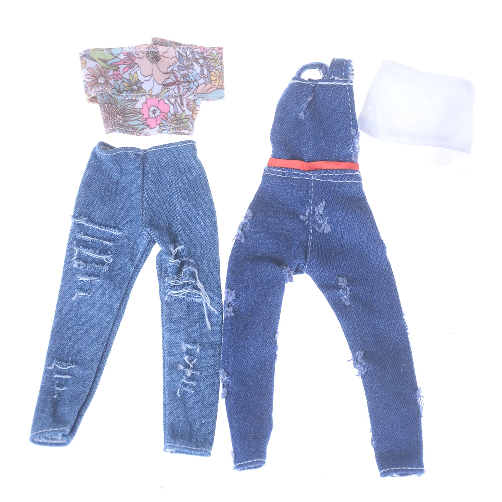 

Handmade For Girl Doll Clothing Fashion T-shirt Hole Jeans Denim Overalls Street Style Toys Accessories Christmas Gift