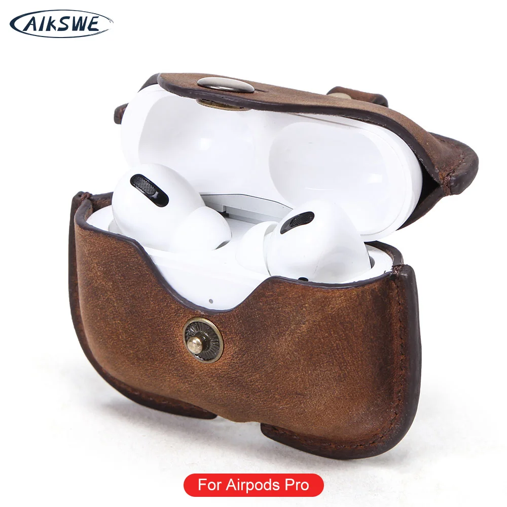 Кожаный чехол AIKSWE Dermis для Airpods Pro с ремешком наушников защитный беспроводных Bluetooth