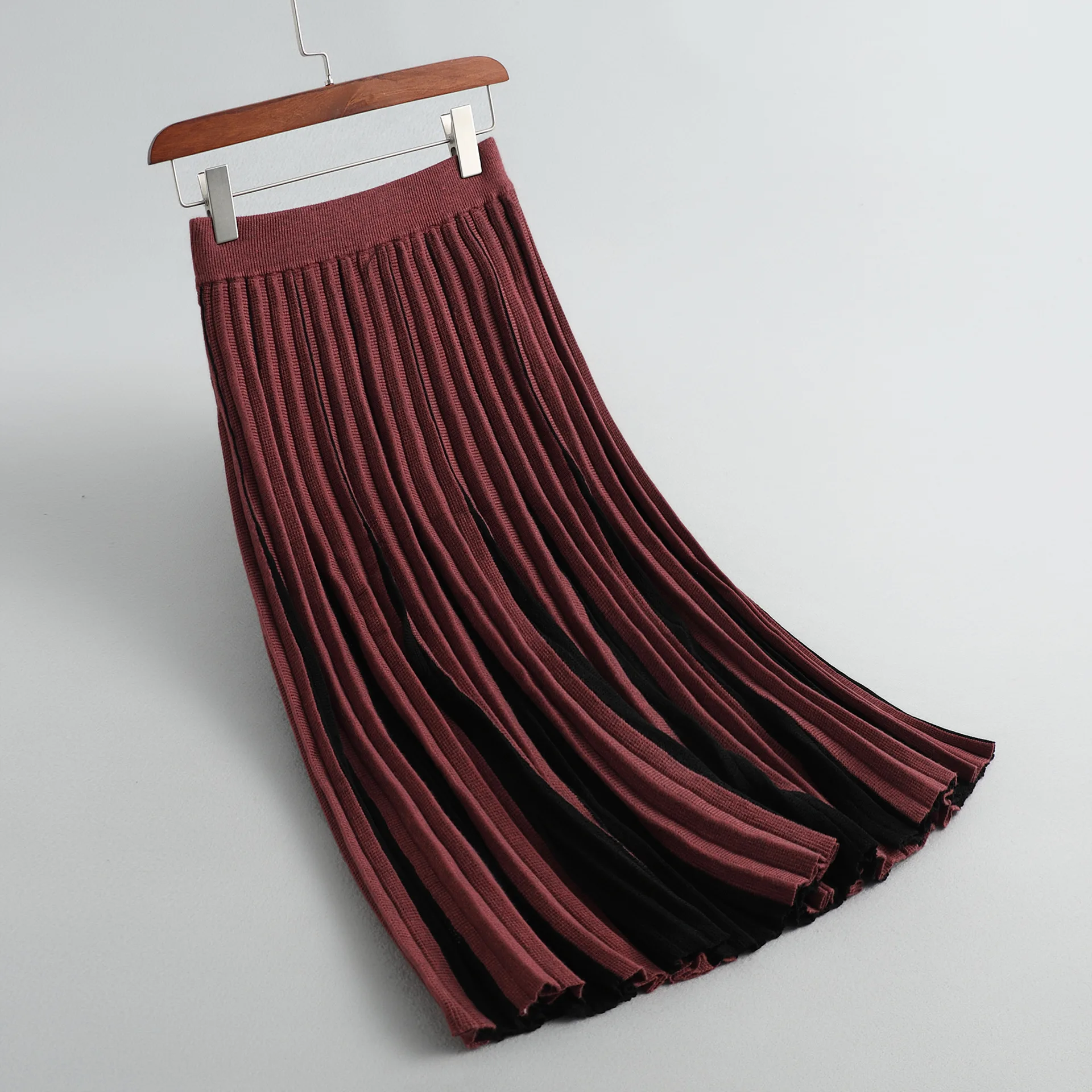 Осень Зима верблюжья черная серая красная Гибкая эластичная высокая талия миди плиссированная теплая трикотажная юбка для женщин шерстяные юбки