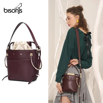 

BISONJS Luxury Handbags Women Bags Designer Cowhide Leather Bucket Bags For Women 2020 Embroider Fashion Shoulder Bag B1606