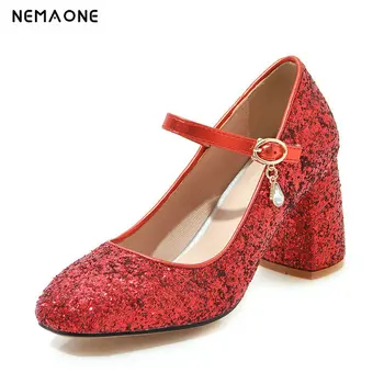 

2020 Women Pumps Square Toe Sequined PU Leather Chunky Heel Buckle Ankle Strap Square High Heels Spring Fashion Size34-43