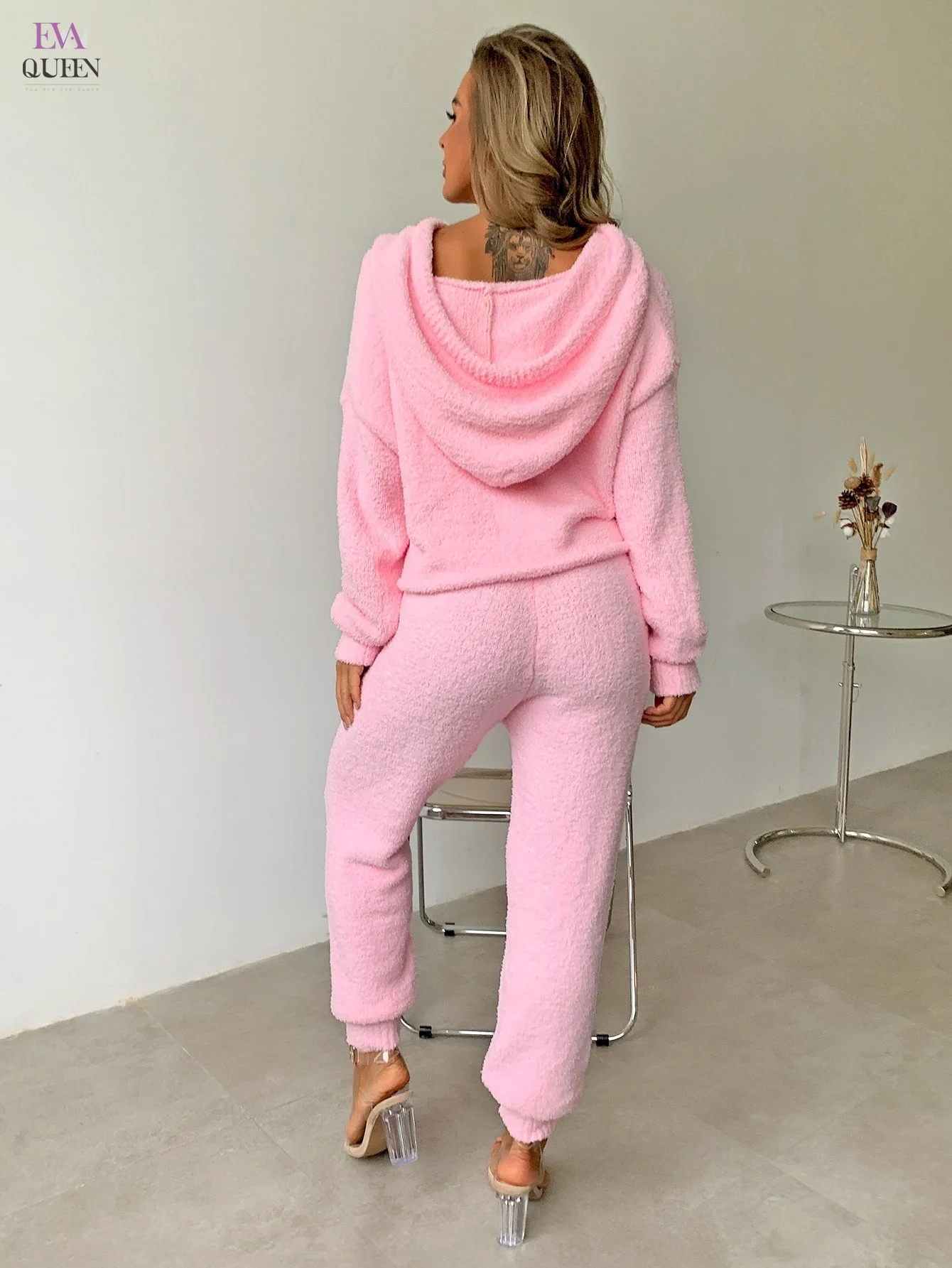 Joyfunear Drop Shoulder Hooded Sweater & Tie Waist Knit Pants Set