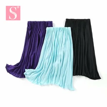 STVY новая весенняя Летняя женская юбка эластичная талия плиссированная Длинная пляжная юбка Бохо Ретро шифоновая большая свободная юбка 3 цвета