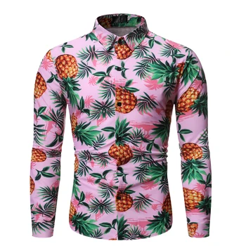 

MOGU 2019 Autumn New Long Sleeve Casual Trendy Shirt for Men Hawaiian Style Pineapple Printed High Quality Slim Tops Camisa 2XL
