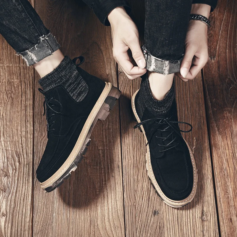 New Men Autumn Boots Brand Fashion Men Sock Work Boots for Mens Suede Leather Men Boots Comfortable Outdoor Casual Shoes