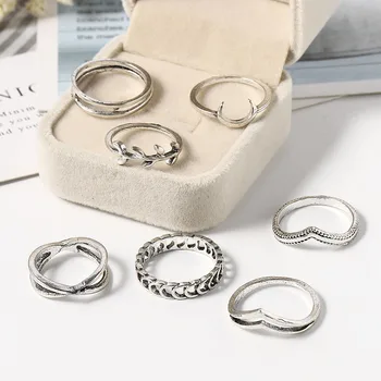 

New 7 Pcs/set Bohemian Retro Crystal Flower Leaves Hollow Lotus Gem Women Ring Set 2020 Female Bohemian Jewelry