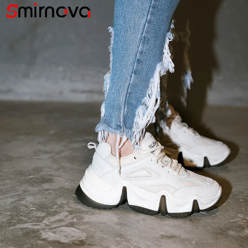 

Smirnova Plus size 35-40 New genuine leather shoes sneakers women lace up round toe platform shoes casual flats