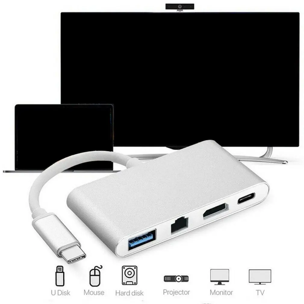 4 в 1 тип-c к HDMI 4K+ RJ45 Gigabit Ethernet USB 3,1 type C концентратор переходник Разветвитель USB C для MacBook Pro HDTV