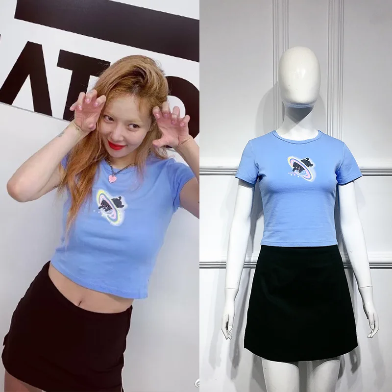 

kpop 4Minute Kim Hyun A same 2020 korean blue Cartoon short tshirt and black skirt two piece set women summer casual 2 piece set