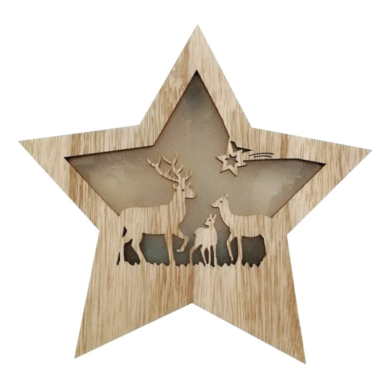 Cute Wooden Hollow Star Shape Christmas Light Box Desktop Ornament Lamp Luminous Xmas Tree Hanging Pendant Christmas Decor