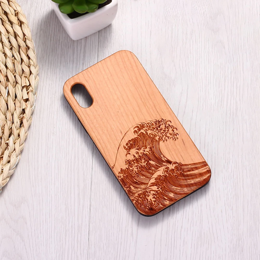 

The Great Wave off Kanagawa Wave Engraved Wood Phone Case Funda For For SAMSUNG Galaxy S8 S9 S10 Plus Note 8 9 10 Pro