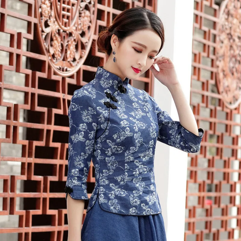 Темно-синяя блузка китайские рубашки деним синий печать цветы Qipao Camisa Китай Mujer классические традиционные Топы