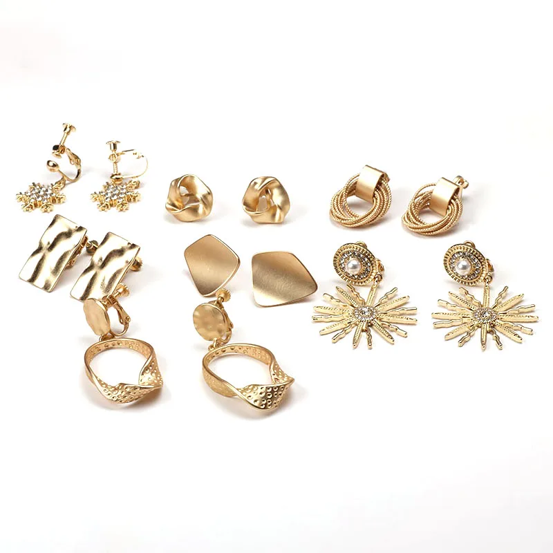 Popular Clip On Earrings Gold Color Non Piercing Drop Stud Earings Without Pierce Hoop Metal Gemotric For Men Women Jewelry | Украшения и