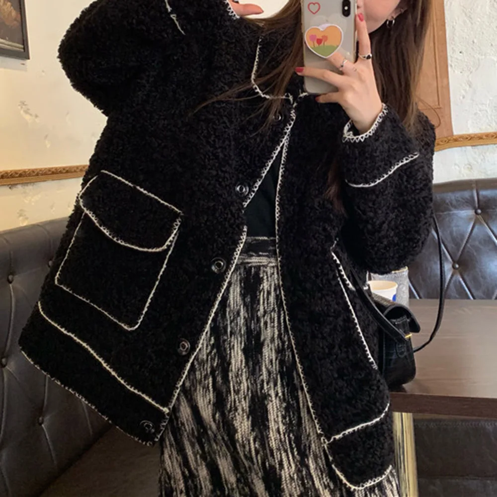 

Korean Version Japanese Jacket Autumn Winter Thicken Keep Warm Fashion Loose Retro Lambswool Lapel Long Sleeve