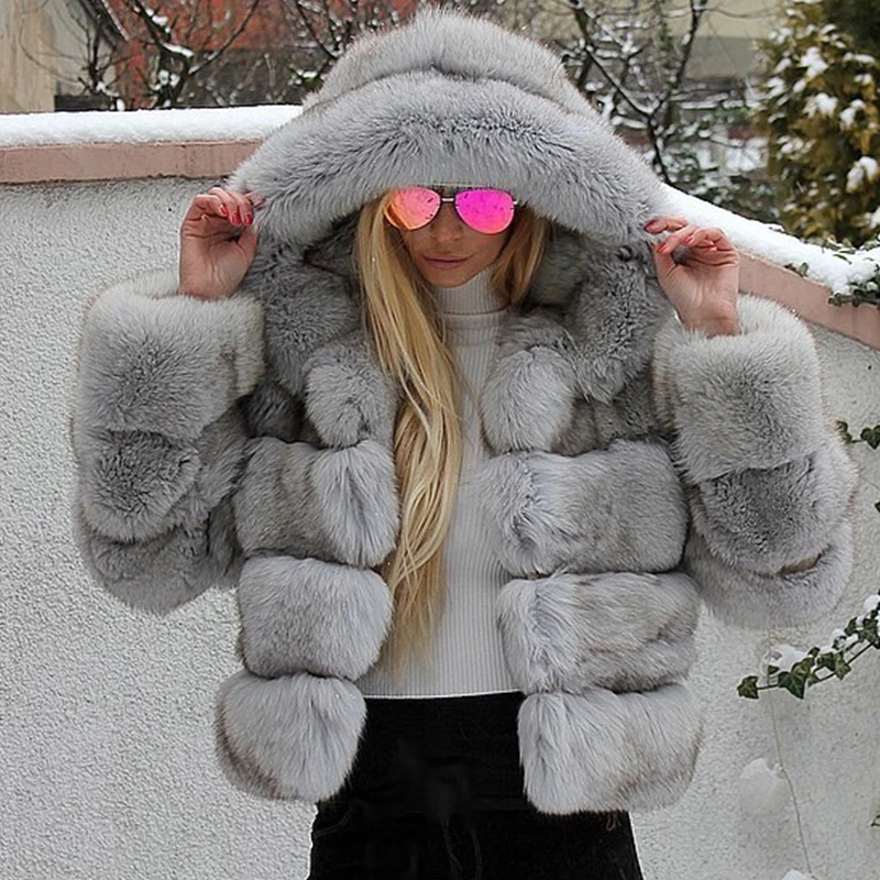 2020 New Light Grey Fox Fur Coats With Hood Winter