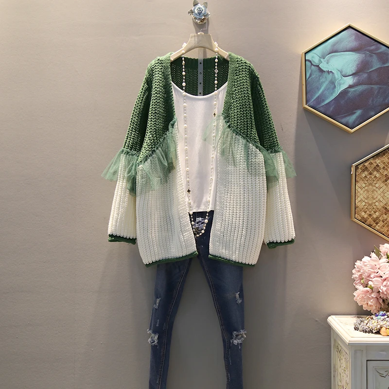 

[EWQ] 2020 Spring Autumn High Quality V-collar Long Sleeve Hit Colors Knitting Patchwork Mesh Open Stitch Sweater Women AH48705