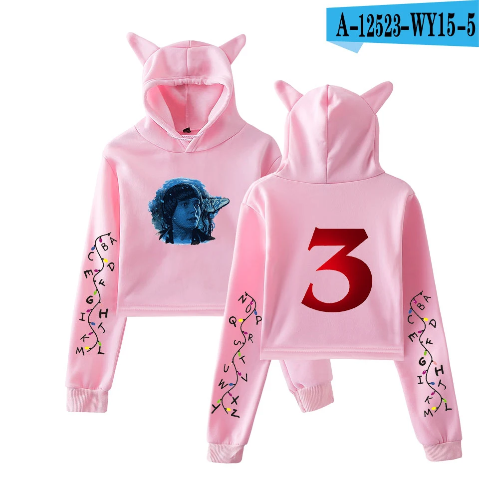 Pink Странные вещи 3 Kpop женские худи укороченный топ с кошачьими ушками толстовка с капюшоном Harajuku зимние женские толстовки открытые пуловеры XXL - Цвет: Pink