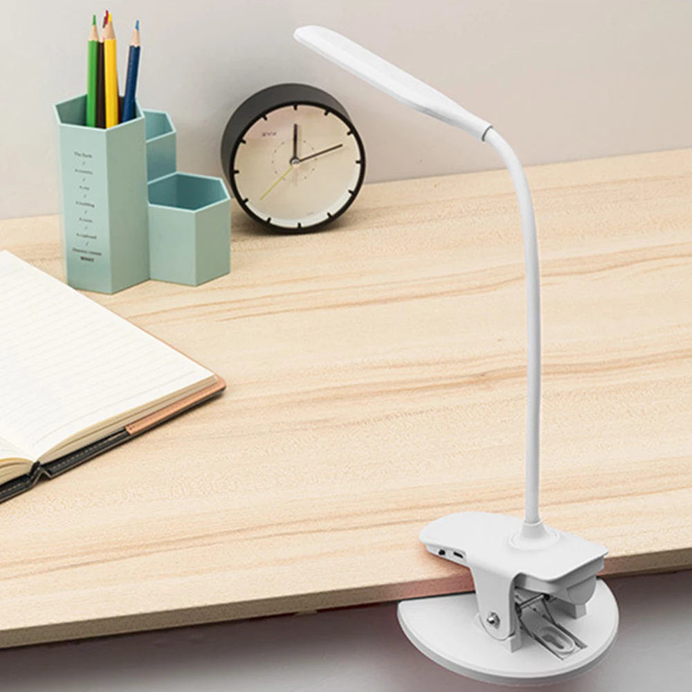 Светодиодный настольный светильник с зажимом, заряжаемый от USB, вращающийся на 360 градусов, защита глаз, сенсорный выключатель, Настольный светильник для комнаты, офиса