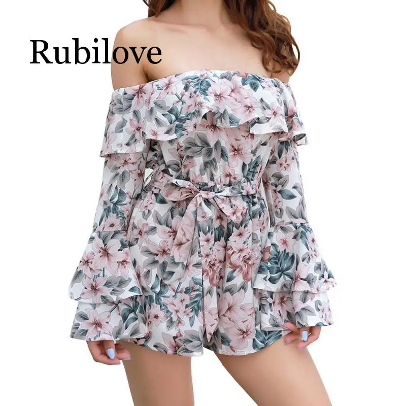 Rubilove цветочный принт боди с длинным рукавом комбинезон для женщин Свободные Комбинезоны короткий топ