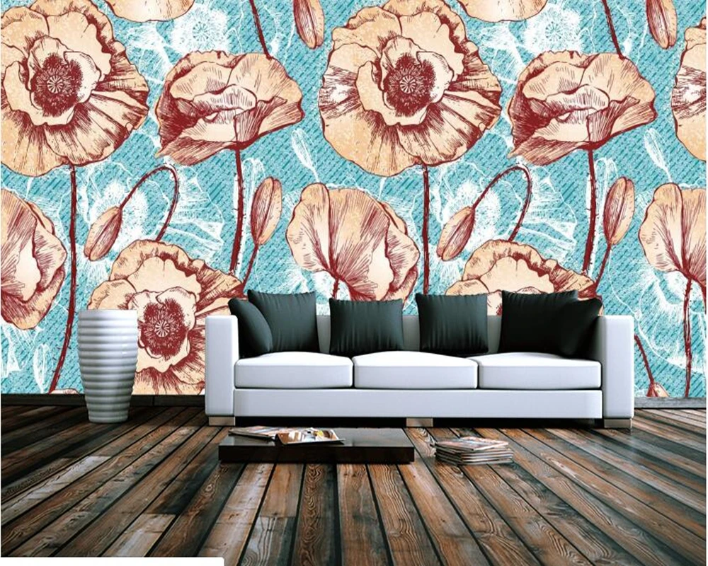 Custom papel de parede 3d, Vintage Poppy Flowers mural for living room  bedroom bar background decoration wallpaper|Wallpapers| - AliExpress