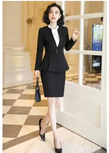 black skirt suit Модный женский костюм высокого качества, комплект из двух предметов, осенняя и зимняя одежда, официальная Офисная Рабочая одежда, куртка и штаны - Цвет: black skirt suit