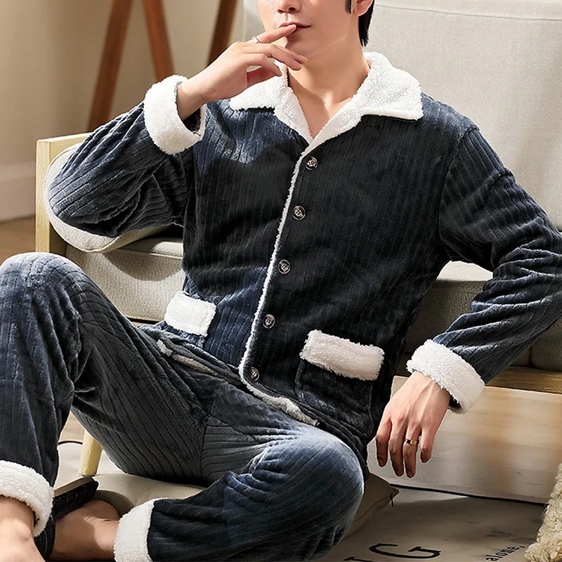 Newest Men's Winter Thicken Warm Flannel Pajamas Sets Male Long Sleeve Plus Size Sleepwear Homewear Casual Pyjama Nightwear pink silk pajamas